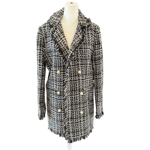 NWT Sans Souci Black & White Tweed Double-Breasted Coat with Pearl Buttons - Picture 4 of 8